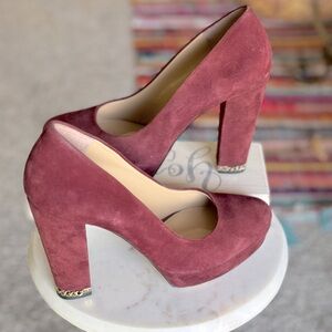 Stylish Wine Color Michael Kors Pumps with Gold Details on Heels